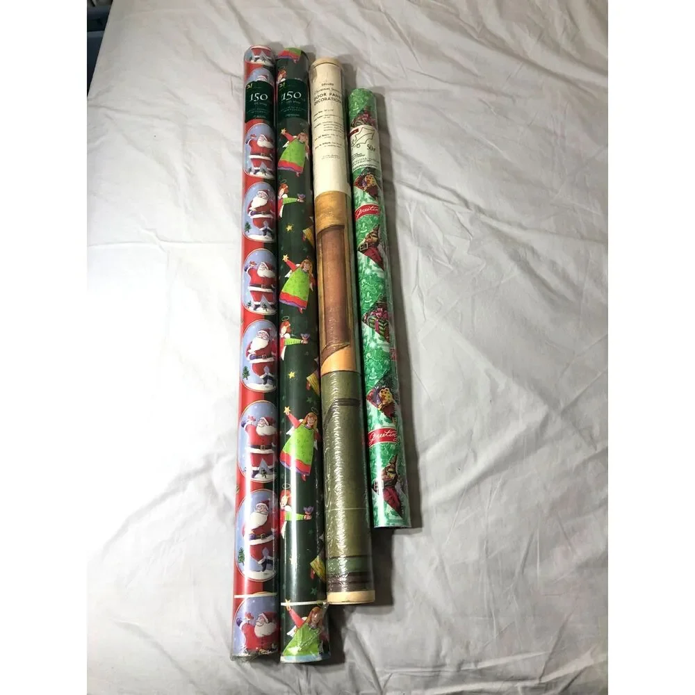 Lot 4 Vtg Cleo Christmas Wrapping Paper 150 SqFt Jumbo Gift Wrap Door Decoration